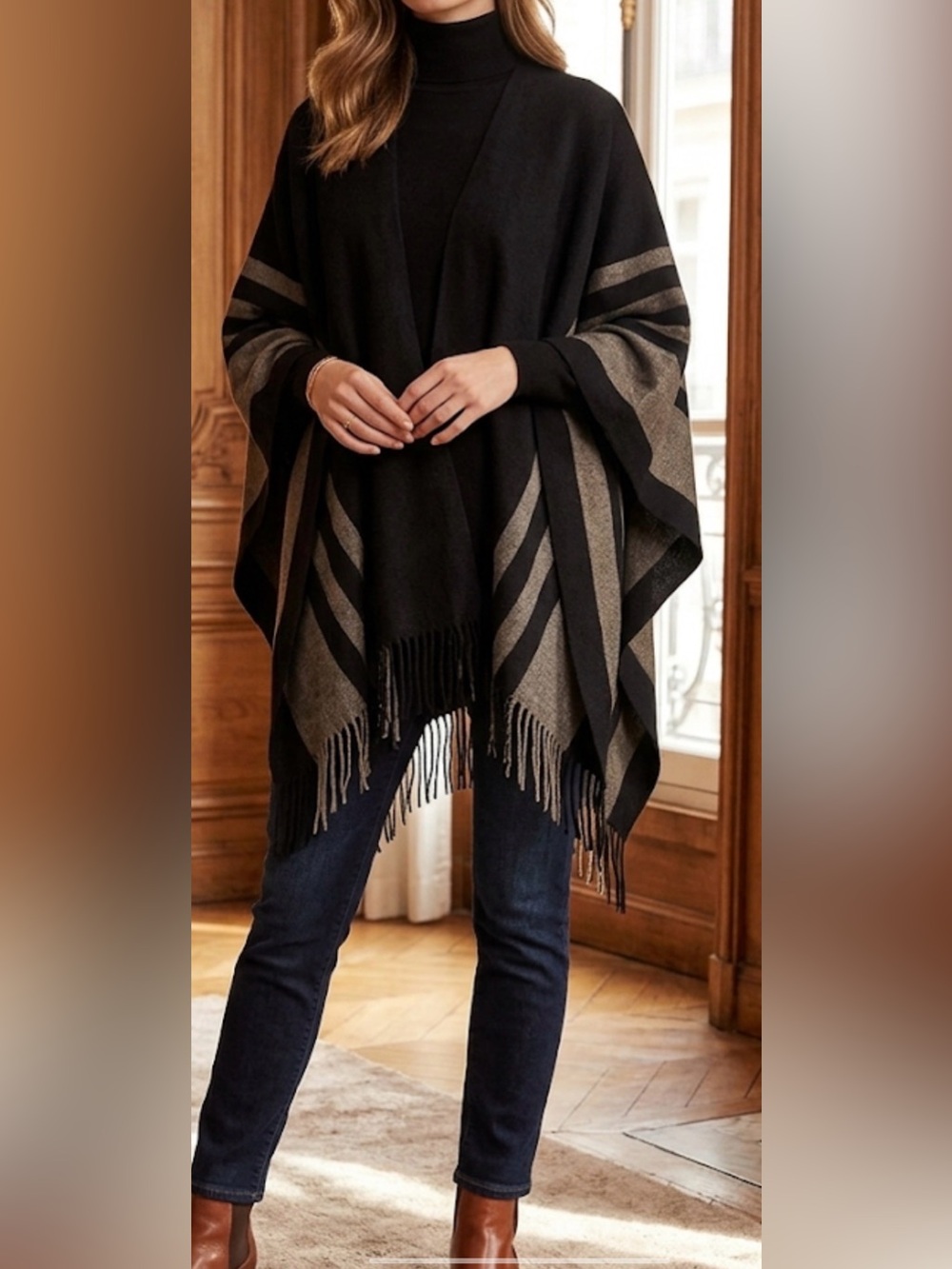 ANTHROPOLOGIE Hinge Black and Tan Striped Open Sweater Fringe Poncho